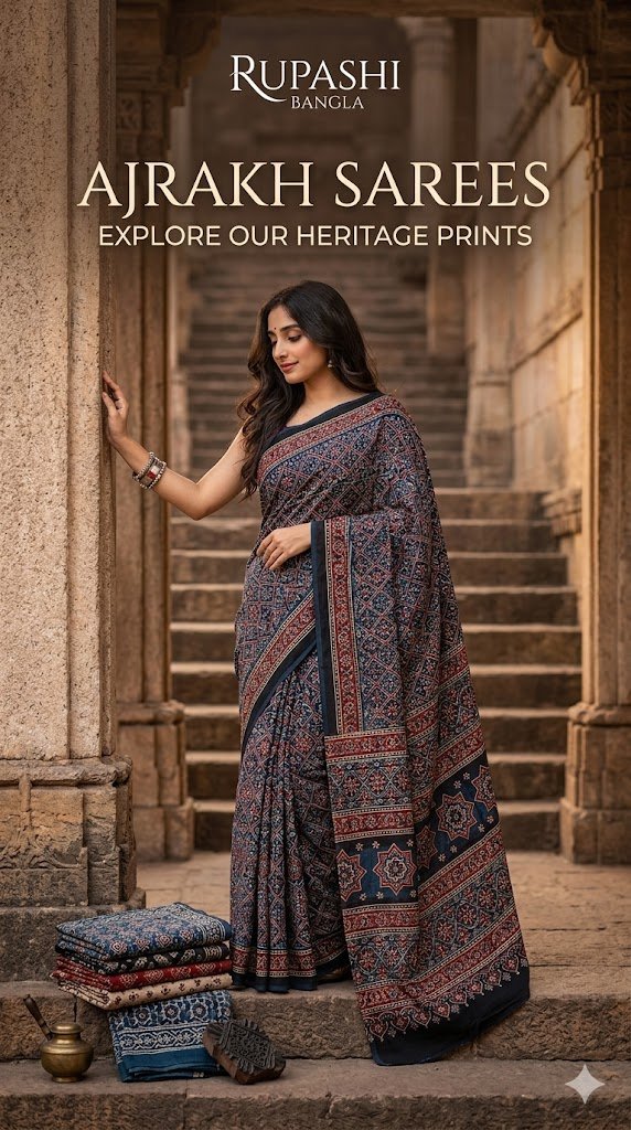 Woman modeling a traditional blue and red Ajrakh block print saree by Rupashi Bangla, standing against a heritage stone pillar background.