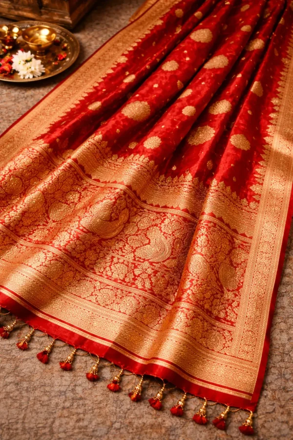Full pallu design of red gold Banarasi bridal saree with intricate zari motifs