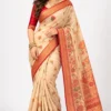 Woman wearing traditional Bengal handloom cotton saree cream with red border full length view