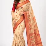 Woman wearing traditional Bengal handloom cotton saree cream with red border full length view