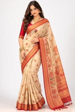Woman wearing traditional Bengal handloom cotton saree cream with red border full length view