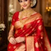 Bengali bride wearing red gold Banarasi bridal saree traditional wedding look