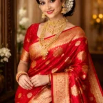 Bengali bride wearing red gold Banarasi bridal saree traditional wedding look