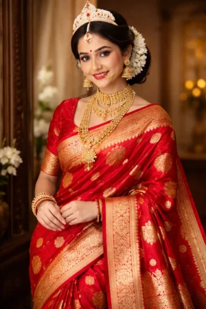 Bengali bride wearing red gold Banarasi bridal saree traditional wedding look