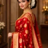 Side view of Bengali bride wearing red gold Banarasi wedding saree