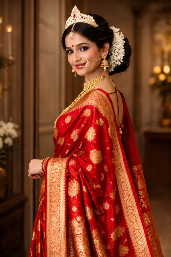 Side view of Bengali bride wearing red gold Banarasi wedding saree