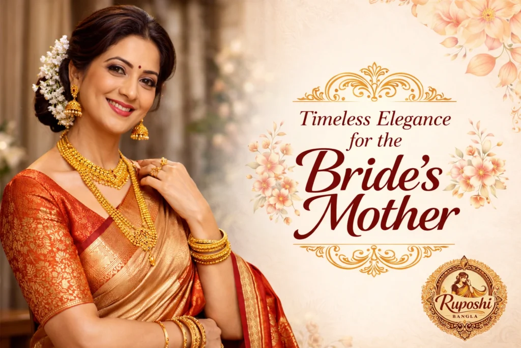Elegant Bengali woman wearing traditional wedding saree for the bride's mother collection by Rupashi Bangla