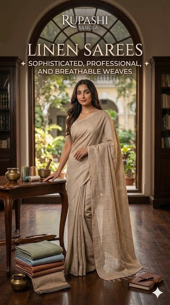 Woman standing indoors near an arched window, wearing a sophisticated natural beige linen saree, showcasing comfortable and breathable professional wear by Rupashi Bangla.