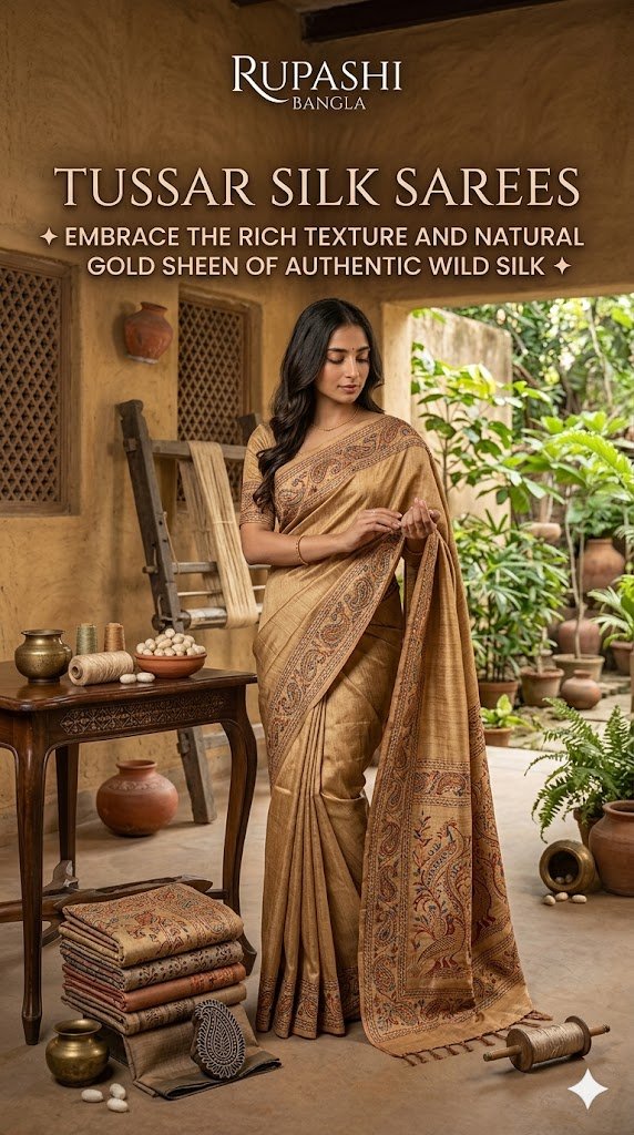 Woman modeling a natural gold Tussar silk saree with intricate printed borders, standing in an earthy courtyard setting surrounded by silk spools and traditional tools, by Rupashi Bangla.
