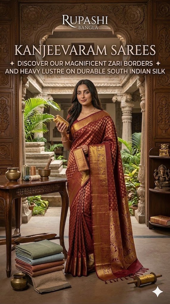 Woman modeling a rich red Kanjeevaram silk saree with heavy gold zari borders, standing in a traditional courtyard setting holding a gold thread spool, by Rupashi Bangla.