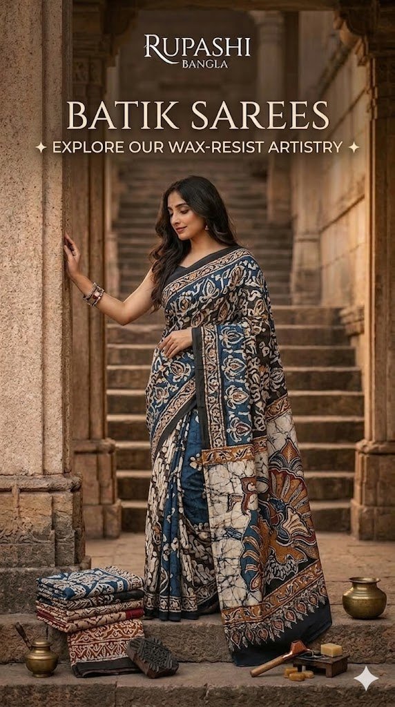 Woman modeling a traditional handcrafted Batik saree by Rupashi Bangla, standing near heritage stone pillars.