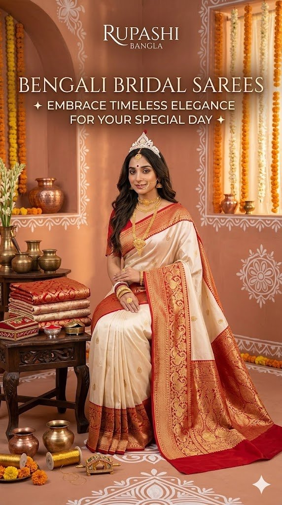 Woman dressed as a traditional Bengali bride wearing a classic white and red gold-zari saree and gold jewelry, sitting in a festive heritage room with white alpana wall art and wedding props, by Rupashi Bangla.